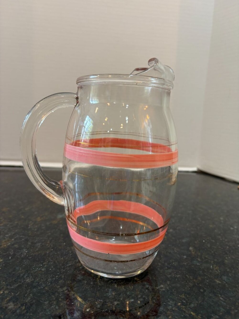 Mid-Century, 8" High Pink and Gold Banded Barware Pitcher, 24 Ounces, Vintage